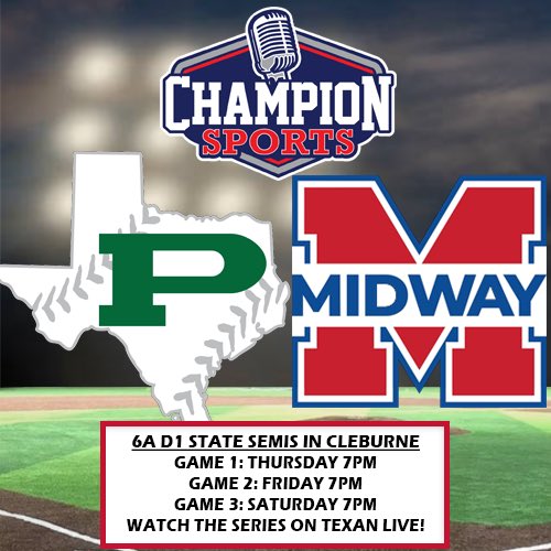 Champion Sports Radio (@championsports) on Twitter photo The <a href="/uiltexas/">Texas UIL</a> Baseball State Semifinals start tonight as <a href="/ThePHSBaseball/">Prosper HS Baseball</a> battles <a href="/MidwayBsball/">Midway Baseball</a>! If you can’t be there, watch with us on <a href="/Texan_Live/">Dave Campbell’s Texan Live - Texanlive.com</a>!
⚾️6A D1 State Semis
⏰7PM
📍<a href="/CRRBaseball/">Cleburne Railroaders</a>
🎙️<a href="/Phillip_Kern/">Phillip Kern</a> & <a href="/EvanBull5/">Evan Bull</a>
📺 texanlive.com/video/6835f989… The <a href="/uiltexas/">Texas UIL</a> Baseball State Semifinals start tonight as <a href="/ThePHSBaseball/">Prosper HS Baseball</a> battles <a href="/MidwayBsball/">Midway Baseball</a>! If you can’t be there, watch with us on <a href="/Texan_Live/">Dave Campbell’s Texan Live - Texanlive.com</a>!
⚾️6A D1 State Semis
⏰7PM
📍<a href="/CRRBaseball/">Cleburne Railroaders</a>
🎙️<a href="/Phillip_Kern/">Phillip Kern</a> & <a href="/EvanBull5/">Evan Bull</a>
📺 texanlive.com/video/6835f989…