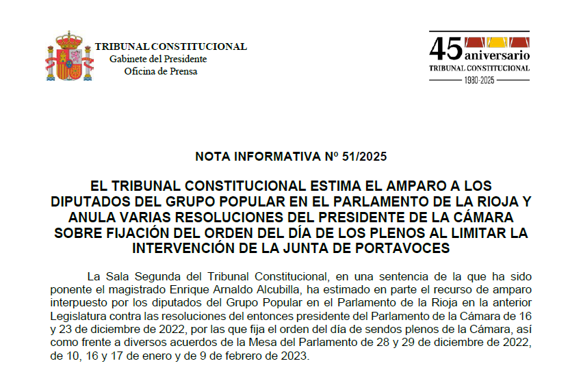 Tribunal Constitucional de España (@tconstitucione) on Twitter photo Nota de prensa | El TC estima el amparo a diputados del Grupo Popular en el Parlamento de La Rioja y anula varias resoluciones del Presidente de la Cámara sobre fijación del orden del día de los plenos al limitar la intervención de la Junta de Portavoces tribunalconstitucional.es/NotasDePrensaD… Nota de prensa | El TC estima el amparo a diputados del Grupo Popular en el Parlamento de La Rioja y anula varias resoluciones del Presidente de la Cámara sobre fijación del orden del día de los plenos al limitar la intervención de la Junta de Portavoces tribunalconstitucional.es/NotasDePrensaD…