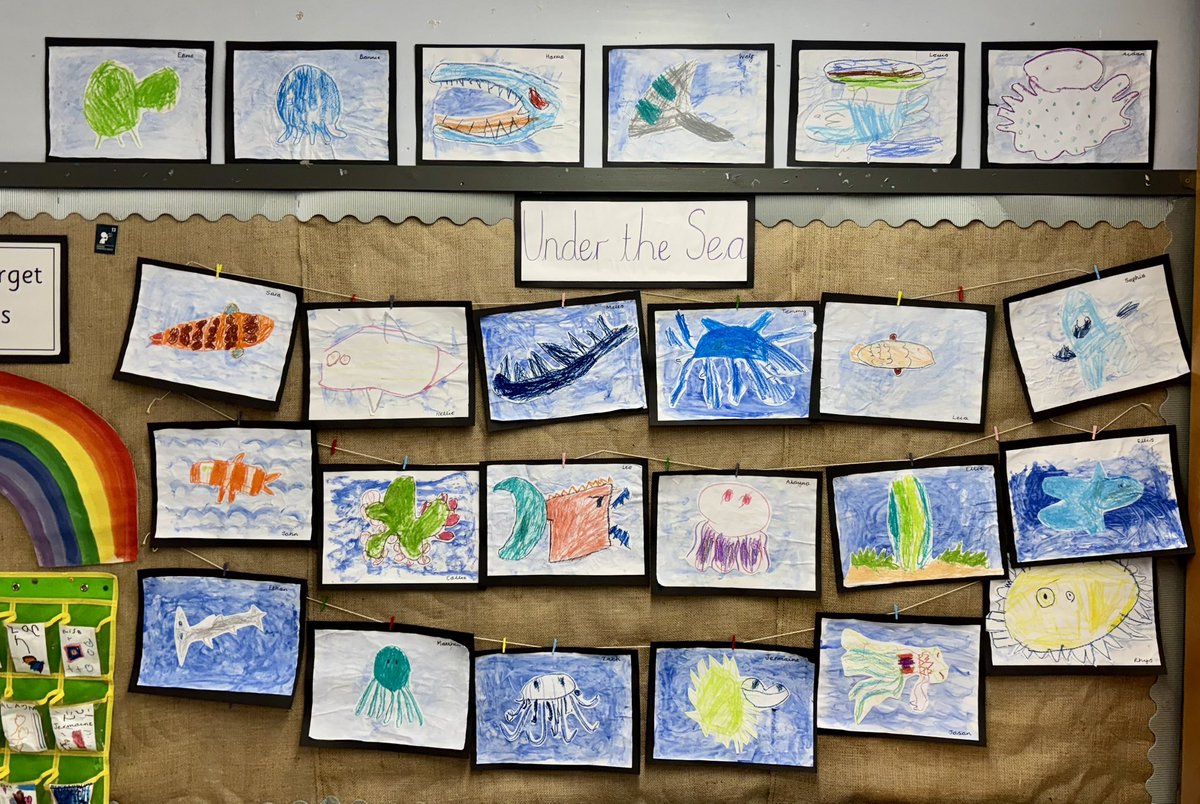 P1B have been very creative and have produced some lovely ‘under the sea’ themed artwork using pastels and ‘ice-paint’. Ask us about the different techniques we used…