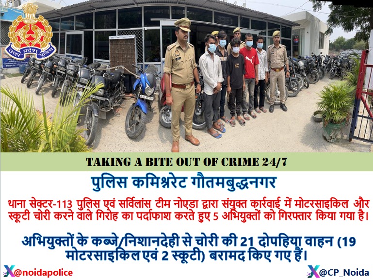 CP Noida (@cp_noida) on Twitter photo Zero Tolerance Against CrimeтАУ
рдерд╛рдирд╛ рд╕реЗрдХреНрдЯрд░-113 рдкреБрд▓рд┐рд╕ рд╡ рдиреЛрдПрдбрд╛ рд╕рд░реНрд╡рд┐рд▓рд╛рдВрд╕ рдЯреАрдо рджреНрд╡рд╛рд░рд╛ рджреЛ рдкрд╣рд┐рдпрд╛ рд╡рд╛рд╣рди рдЪреЛрд░реА рдХрд░рдиреЗ рд╡рд╛рд▓реЗ рдЧрд┐рд░реЛрд╣ рдХрд╛ рдкрд░реНрджрд╛рдлрд╛рд╢ рдХрд░рддреЗ рд╣реБрдП 05 рдЕрднрд┐рдпреБрдХреНрддреЛрдВ рдХреЛ рдЧрд┐рд░рдлреНрддрд╛рд░ рдХрд░ рдЙрдирдХреЗ рдХрдмреНрдЬреЗ/рдирд┐рд╢рд╛рдирджреЗрд╣реА рд╕реЗ рдЪреЛрд░реА рдХреЗ 21 рджреЛрдкрд╣рд┐рдпрд╛ рд╡рд╛рд╣рди (19 рдореЛрдЯрд░рд╕рд╛рдЗрдХрд┐рд▓ рд╡ 2 рд╕реНрдХреВрдЯреА) рдмрд░рд╛рдордж рдХрд┐рдП рдЧрдП рд╣реИрдВред
#WellDoneCops Zero Tolerance Against CrimeтАУ
рдерд╛рдирд╛ рд╕реЗрдХреНрдЯрд░-113 рдкреБрд▓рд┐рд╕ рд╡ рдиреЛрдПрдбрд╛ рд╕рд░реНрд╡рд┐рд▓рд╛рдВрд╕ рдЯреАрдо рджреНрд╡рд╛рд░рд╛ рджреЛ рдкрд╣рд┐рдпрд╛ рд╡рд╛рд╣рди рдЪреЛрд░реА рдХрд░рдиреЗ рд╡рд╛рд▓реЗ рдЧрд┐рд░реЛрд╣ рдХрд╛ рдкрд░реНрджрд╛рдлрд╛рд╢ рдХрд░рддреЗ рд╣реБрдП 05 рдЕрднрд┐рдпреБрдХреНрддреЛрдВ рдХреЛ рдЧрд┐рд░рдлреНрддрд╛рд░ рдХрд░ рдЙрдирдХреЗ рдХрдмреНрдЬреЗ/рдирд┐рд╢рд╛рдирджреЗрд╣реА рд╕реЗ рдЪреЛрд░реА рдХреЗ 21 рджреЛрдкрд╣рд┐рдпрд╛ рд╡рд╛рд╣рди (19 рдореЛрдЯрд░рд╕рд╛рдЗрдХрд┐рд▓ рд╡ 2 рд╕реНрдХреВрдЯреА) рдмрд░рд╛рдордж рдХрд┐рдП рдЧрдП рд╣реИрдВред
#WellDoneCops