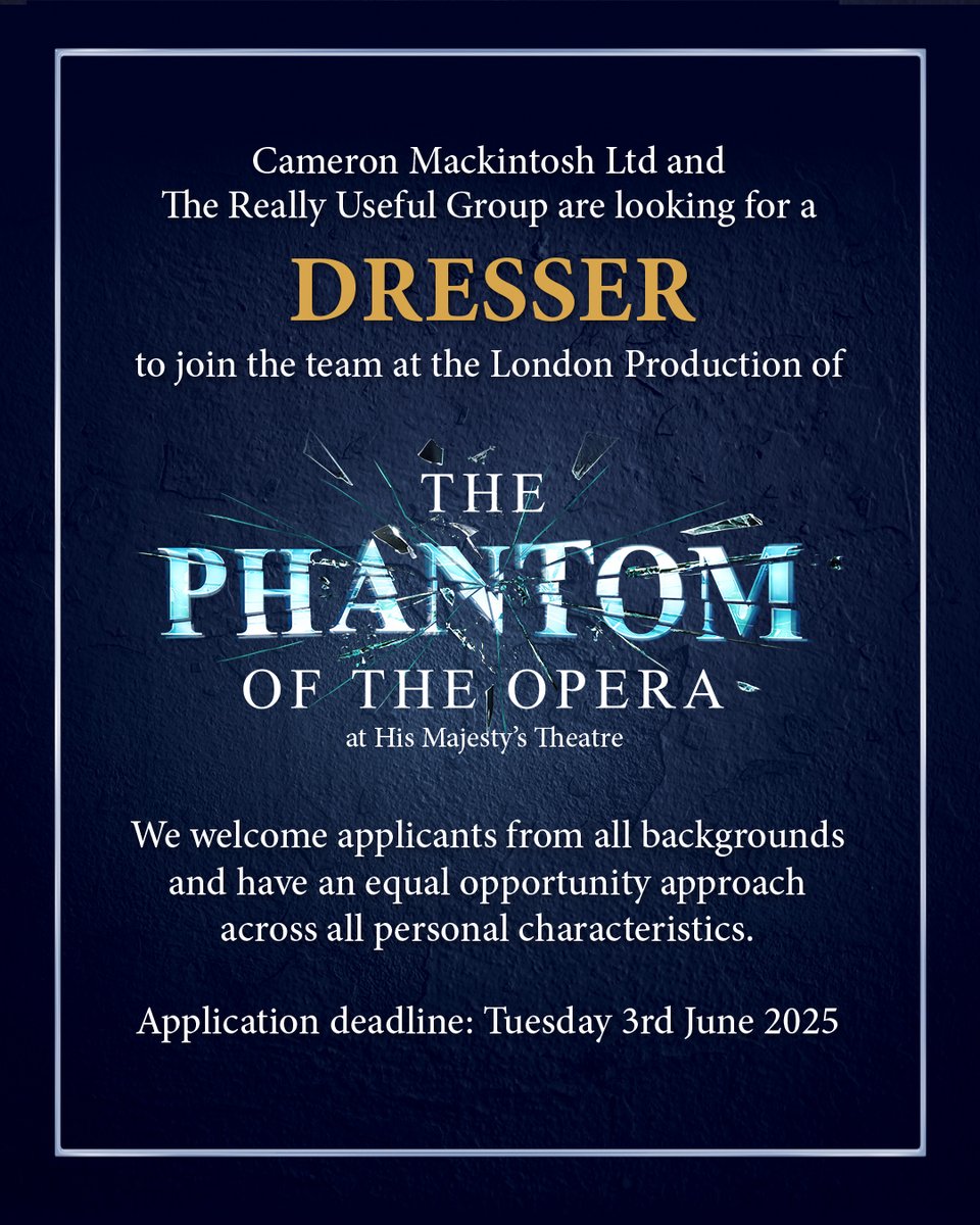 🚨🚨 JOB ALERT 🚨🚨

We are looking for a Dresser to join the London production of <a href="/PhantomOpera/">The Phantom Of The Opera</a> at His Majesty's Theatre.

For further information and to apply 👉 careers.cameronmackintosh.com