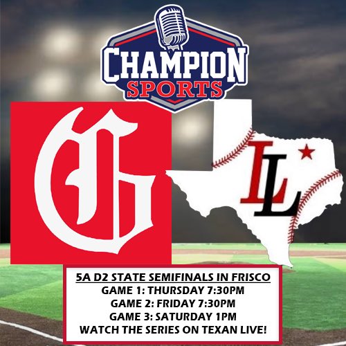 Champion Sports Radio (@championsports) on Twitter photo The <a href="/uiltexas/">Texas UIL</a> Baseball State Semifinals start tonight as #1 <a href="/Gvinebaseball/">Mustang Baseball</a> battles #2 <a href="/LovejoyBaseball/">Lovejoy High School Baseball</a>! If you can’t be there, watch with us on <a href="/Texan_Live/">Dave Campbell’s Texan Live - Texanlive.com</a>!
⚾️5A D2 State Semis
⏰7:30PM
📍<a href="/RidersBaseball/">Frisco RoughRiders</a> Field
🎙️<a href="/MrThomasDLee/">Thomas D. Lee</a> & <a href="/PeteNielsen11/">Pete Nielsen</a>
📺 texanlive.com/video/6835fab1… The <a href="/uiltexas/">Texas UIL</a> Baseball State Semifinals start tonight as #1 <a href="/Gvinebaseball/">Mustang Baseball</a> battles #2 <a href="/LovejoyBaseball/">Lovejoy High School Baseball</a>! If you can’t be there, watch with us on <a href="/Texan_Live/">Dave Campbell’s Texan Live - Texanlive.com</a>!
⚾️5A D2 State Semis
⏰7:30PM
📍<a href="/RidersBaseball/">Frisco RoughRiders</a> Field
🎙️<a href="/MrThomasDLee/">Thomas D. Lee</a> & <a href="/PeteNielsen11/">Pete Nielsen</a>
📺 texanlive.com/video/6835fab1…