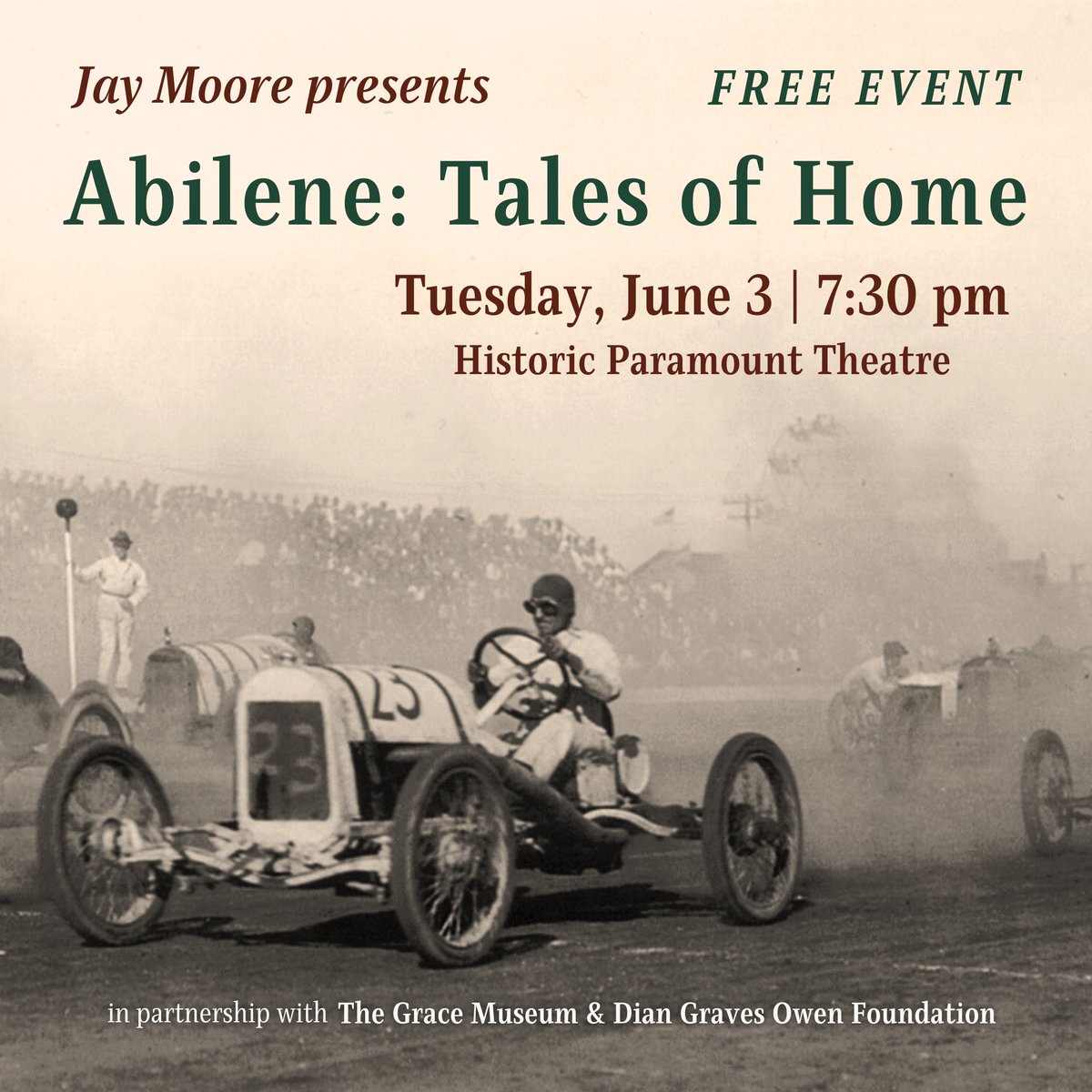 JUNE 3 - Join us for a FREE evening of great storytelling! Local historian Jay Moore will present interesting &amp; hilarious tales about Abilene's past...everything locals outta know, but probably don't! Hosted @ParamountAbilene Theatre @ 7:30pm (doors open @ 6:30).