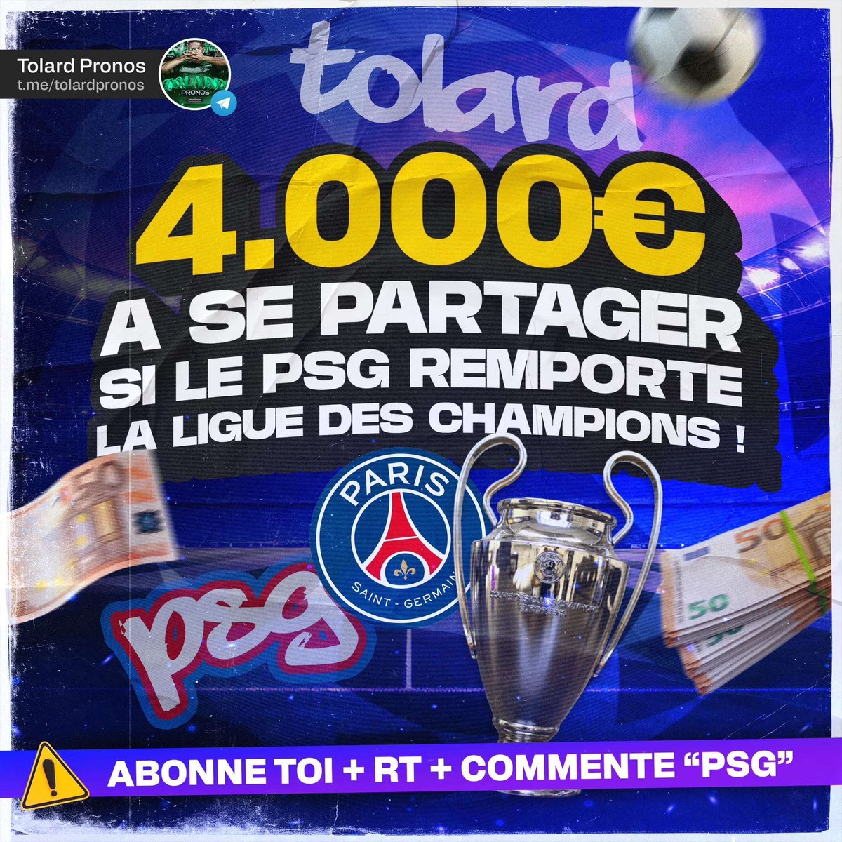 1000€ pour 4 personnes si le PSG remporte la LDC.

follow + fav et rt pour être éligible n’oublie pas de commenter : PSG