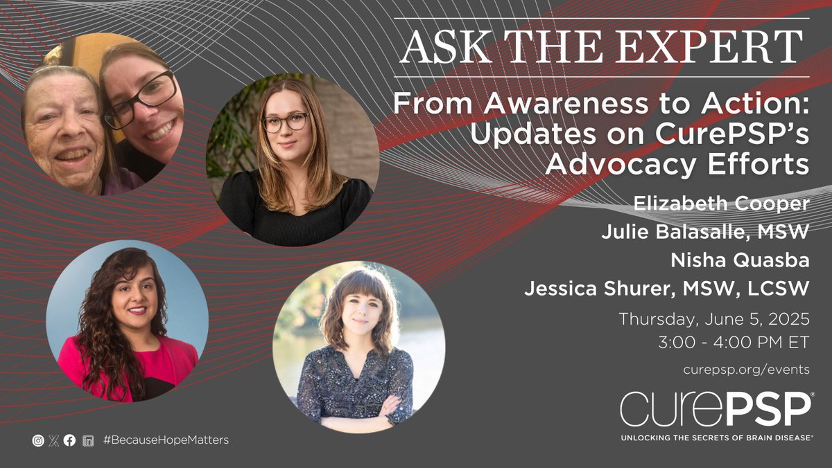 CurePSP (@curepsp) on Twitter photo Our next Ask the Expert webinar is June 5 on CurePSP's Capitol Hill impact! Featuring Elizabeth Cooper (policy expert), Julie Balasalle, Nisha Quasba & <a href="/JessicaShurer/">Jessica Shurer, MSW, LCSW</a> discussing our wins.
Register: psp.org/events
#AskTheExpert #Advocacy Our next Ask the Expert webinar is June 5 on CurePSP's Capitol Hill impact! Featuring Elizabeth Cooper (policy expert), Julie Balasalle, Nisha Quasba & <a href="/JessicaShurer/">Jessica Shurer, MSW, LCSW</a> discussing our wins.
Register: psp.org/events
#AskTheExpert #Advocacy