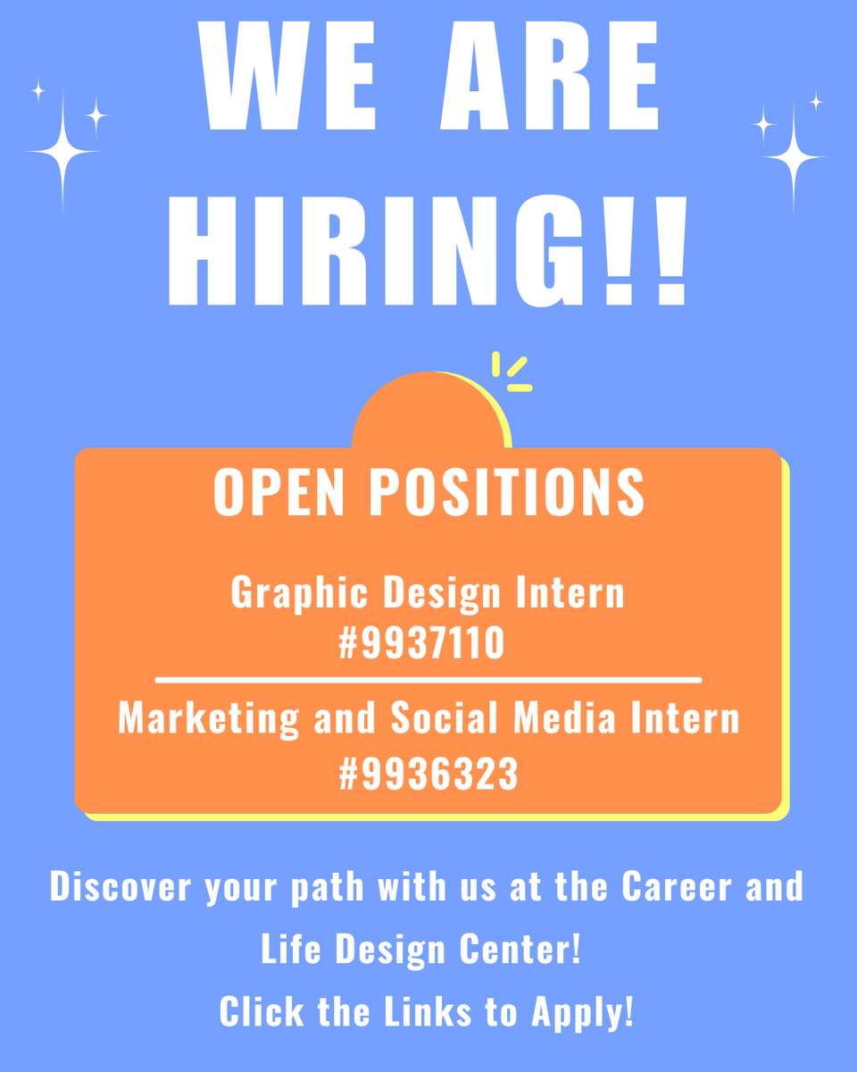 🌟We are hiring!!🌟 Join our team and click the links to apply on Handshake today! Open Positions: 🔹Graphic Design Intern | bit.ly/4jrkptB 🔸Marketing and Social Media Intern | bit.ly/44U9hSp ✨Discover your path with us at the Career and Life Design Center.✨