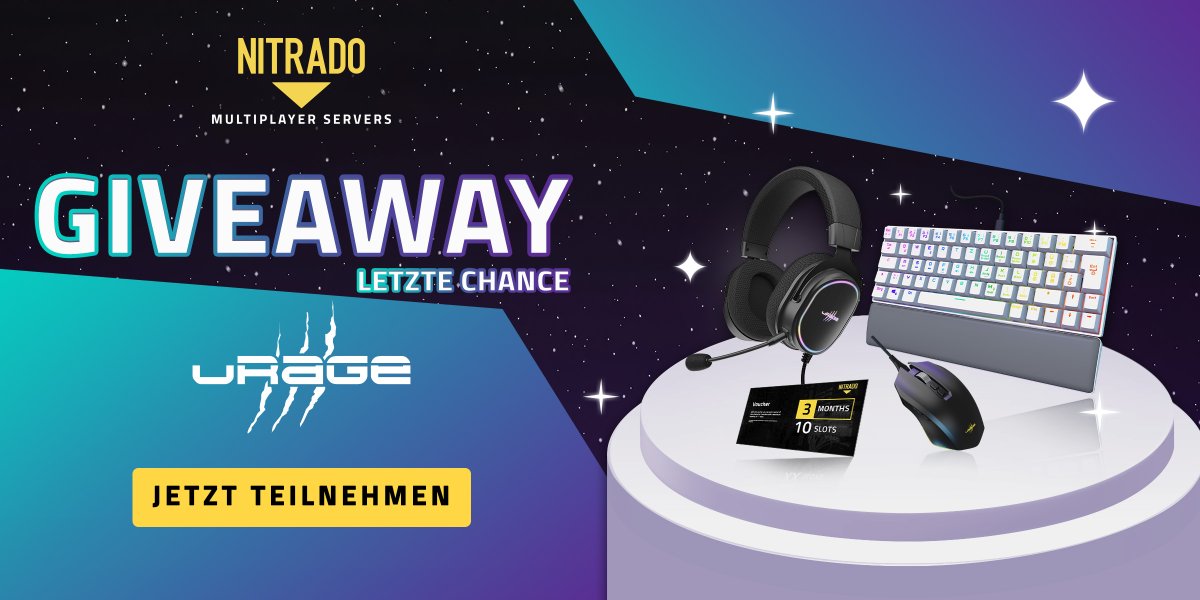 Nitrado's tweet image. ⏳ Schon mitgemacht?
Unser uRage x Nitrado Giveaway läuft noch – sichere dir deine Chance auf Maus, Tastatur, Headset und mehr! 🎮🔥

🎁 Jetzt teilnehmen: nitra.do/urage-gleam
📆 Bis 4. Juni mitmachen und abräumen!

#Nitrado #uRage #Giveaway #Gaming