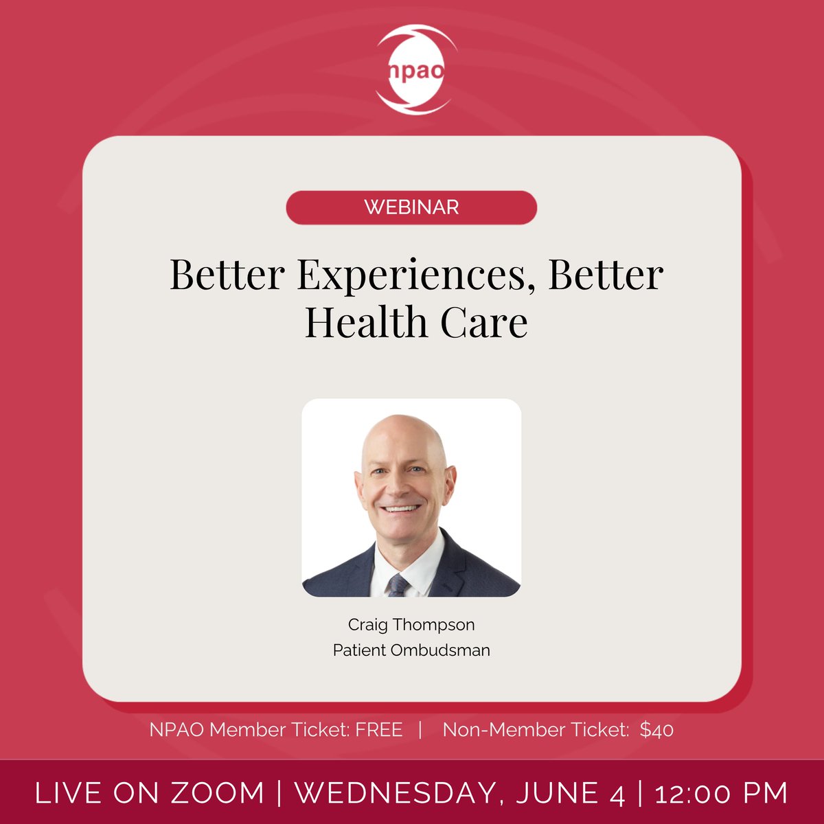 Join our June 4 webinar on Better Experiences, Better Health Care and gain a better understanding of the Patient Ombudsman’s role and mandate.
📅 Save the date: June 4 @ 12PM.
🔗 Register now: loom.ly/h86Sy6E 

#BetterCare #NPOntario #NursePractitioner #OntarioNP