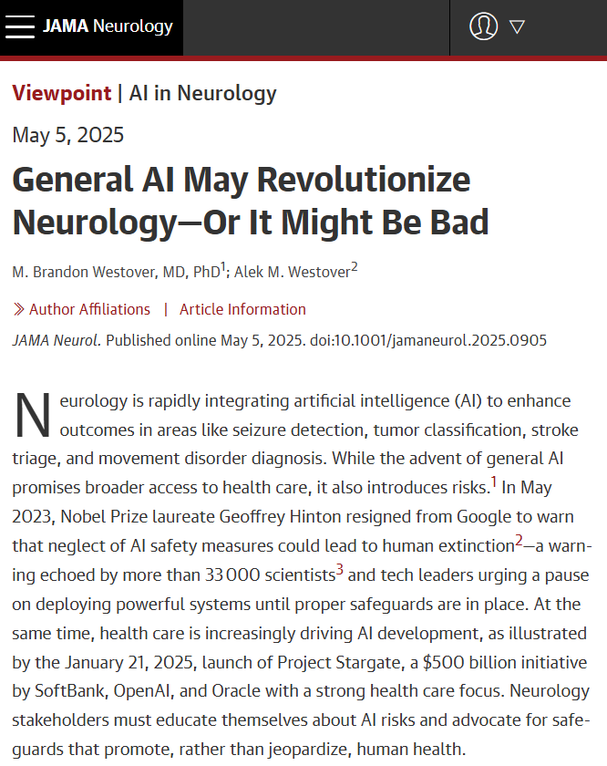 JAMA+ AI (@jamaplusai) on Twitter photo "While the advent of general AI promises broader access to health care, it also introduces risks."
This <a href="/JAMANeuro/">JAMA Neurology</a> Viewpoint discusses the integration of artificial intelligence in neurology.
ja.ma/3Z2gxIb "While the advent of general AI promises broader access to health care, it also introduces risks."
This <a href="/JAMANeuro/">JAMA Neurology</a> Viewpoint discusses the integration of artificial intelligence in neurology.
ja.ma/3Z2gxIb