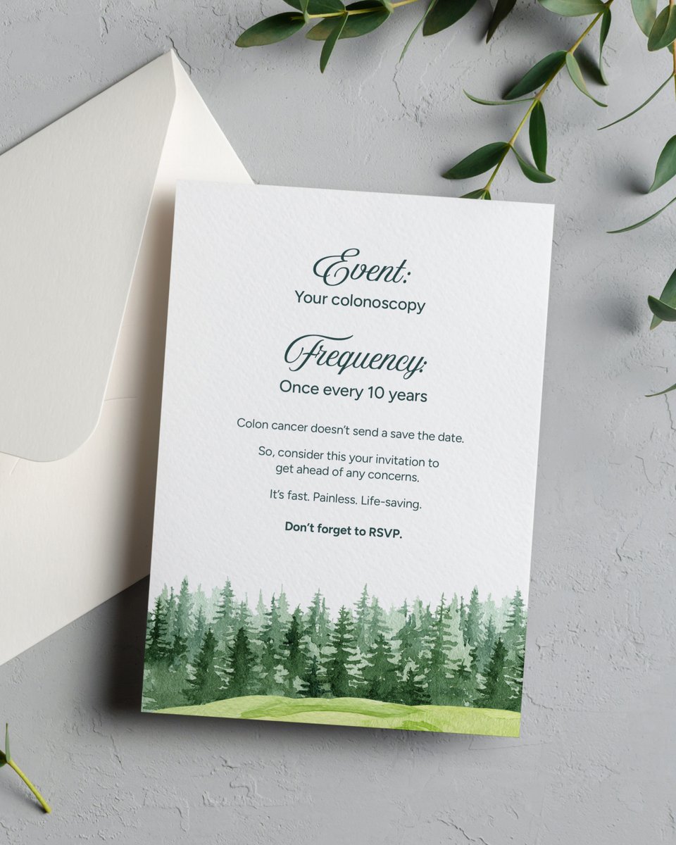 No warning. No red flags. No calendar invite.

Colon cancer often shows up silently. A colonoscopy catches it before it does. Get tested early, when it’s easiest to treat.

Patients 45 and older, you’re invited to get screened!
Share this invitation with someone you care about.