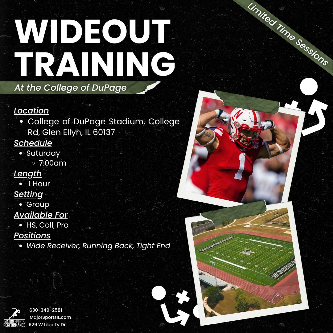🚨 NEW LIMITED TIME WIDEOUT SESSIONS 🚨

Every Saturday @ 7AM ⏰
📍 College of DuPage Stadium
🏈 WR | RB | TE (HS, College, Pro)
1-hour group training to sharpen your game 💥

Book now 👉 MajorSportsIL.com/wideout

#WideoutWork #SkillPlayers #MajorSportsPerformance #WheatonIL