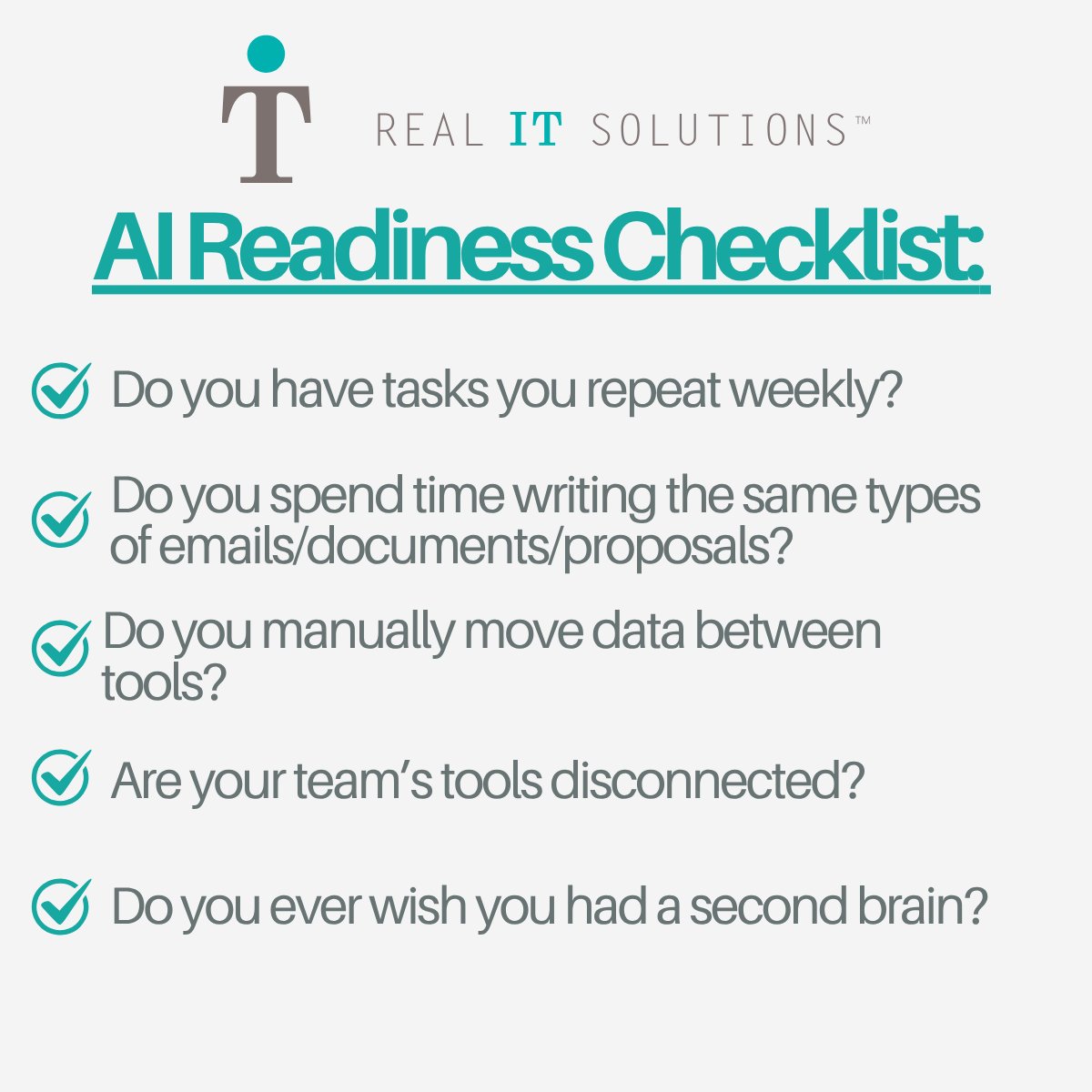 realitsolutions's tweet photo. Could your business use AI help? 🤖

Take the AI Readiness Checklist below... 

If you answered “yes” to 3 or more… it’s time to see what AI can really do for your business!
🎯 Join us live on June 5th @ 11 AM for our AI for SMB webinar! Register here: https://t.co/IqtXNgzqsV https://t.co/iQHFgMZFfp