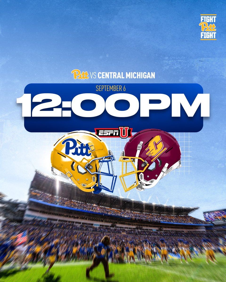 Pitt Football (@pitt_fb) on Twitter photo Kickoff Times Announced ๐
Saturday, August 30th
Pitt ๐ Duquesne
12:00 PM // <a href="/AcrisureStadium/">Acrisure Stadium</a> // <a href="/accnetwork/">ACC Network</a>
Saturday, September 6th
Pitt ๐ Central Michigan
12:00 PM // <a href="/AcrisureStadium/">Acrisure Stadium</a> // <a href="/ESPNU/">ESPNU</a>
๐ tr.ee/PittFBTickets Kickoff Times Announced ๐
Saturday, August 30th
Pitt ๐ Duquesne
12:00 PM // <a href="/AcrisureStadium/">Acrisure Stadium</a> // <a href="/accnetwork/">ACC Network</a>
Saturday, September 6th
Pitt ๐ Central Michigan
12:00 PM // <a href="/AcrisureStadium/">Acrisure Stadium</a> // <a href="/ESPNU/">ESPNU</a>
๐ tr.ee/PittFBTickets