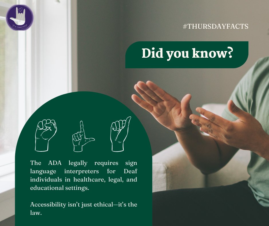 MTASignLanguage's tweet image. #ThursdayFacts
Did you know? The ADA legally requires sign language interpreters for Deaf individuals in healthcare, legal, and educational settings.
Accessibility isn’t just ethical—it’s the law.
#ASLInterpreter #DeafCommunity #SingLanguageInterpreter #MTASignLanguage