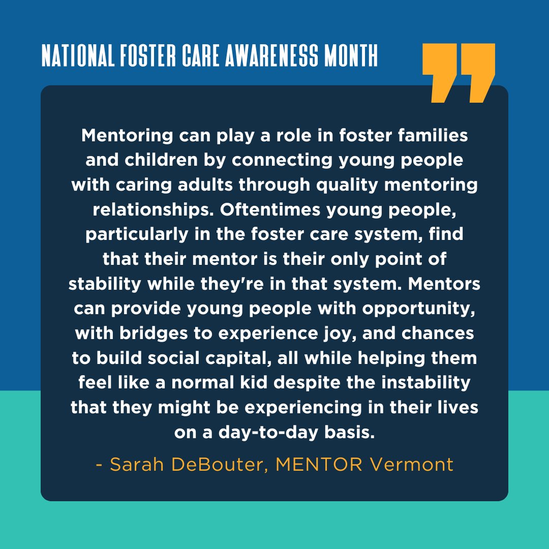 MENTOR (@mentornational) on Twitter photo Closing #FosterCareMonth by honoring mentoring’s role in supporting foster youth & families.
<a href="/mentorvermont/">MENTOR Vermont</a>’s Sarah DeBouter shares more about its impact. Closing #FosterCareMonth by honoring mentoring’s role in supporting foster youth & families.
<a href="/mentorvermont/">MENTOR Vermont</a>’s Sarah DeBouter shares more about its impact.