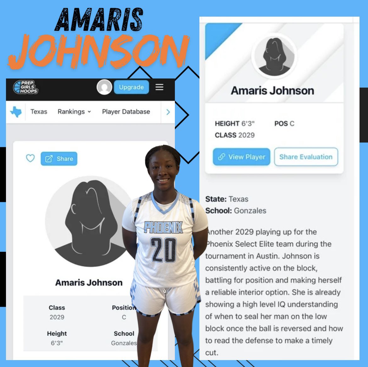 Phoenix Select (@phoenixselect) on Twitter photo Solid eval for 2029 <a href="/AmarisJohnson29/">Amaris Johnson</a> from <a href="/PGHCircuit/">Prep Girls Hoops Circuit 🏀</a> Dynasty Classic🔥
Extremely grateful to <a href="/PlayerRIMedies/">Player Rimedies</a> for the writeup!
<a href="/PGHTexas/">Prep Girls Hoops Texas</a> <a href="/girlzprepreport/">Girlz Prep Report</a>
<a href="/ApachesBball/">Gonzales Lady Apaches Basketball</a> <a href="/Alexmatanic/">Alex Matanic</a>
<a href="/CoachBGordon/">coach_bigpressure🧡💚</a> <a href="/CoachChrisG_WBB/">Chris Godfrey</a>
<a href="/CoachTaiDill/">Tai Dillard Mouton</a> <a href="/CoachEatmanSCSt/">Timothy Eatman</a> <a href="/coachpaige30/">Paige Love</a> <a href="/CoachTMWilson/">Toyelle Wilson</a> Solid eval for 2029 <a href="/AmarisJohnson29/">Amaris Johnson</a> from <a href="/PGHCircuit/">Prep Girls Hoops Circuit 🏀</a> Dynasty Classic🔥
Extremely grateful to <a href="/PlayerRIMedies/">Player Rimedies</a> for the writeup!
<a href="/PGHTexas/">Prep Girls Hoops Texas</a> <a href="/girlzprepreport/">Girlz Prep Report</a>
<a href="/ApachesBball/">Gonzales Lady Apaches Basketball</a> <a href="/Alexmatanic/">Alex Matanic</a>
<a href="/CoachBGordon/">coach_bigpressure🧡💚</a> <a href="/CoachChrisG_WBB/">Chris Godfrey</a>
<a href="/CoachTaiDill/">Tai Dillard Mouton</a> <a href="/CoachEatmanSCSt/">Timothy Eatman</a> <a href="/coachpaige30/">Paige Love</a> <a href="/CoachTMWilson/">Toyelle Wilson</a>
