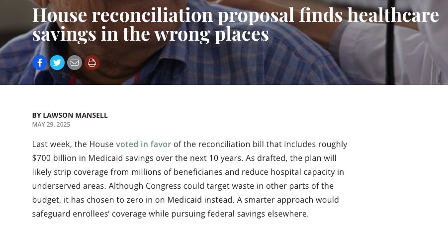 lawsonhmansell's tweet image. NEW: The House reconciliation bill finds healthcare savings in the wrong places.

Many Medicaid beneficiaries will unnecessarily lose coverage due to administrative burden and small, rural hospitals will be hit with higher uncompensated care costs as a result.