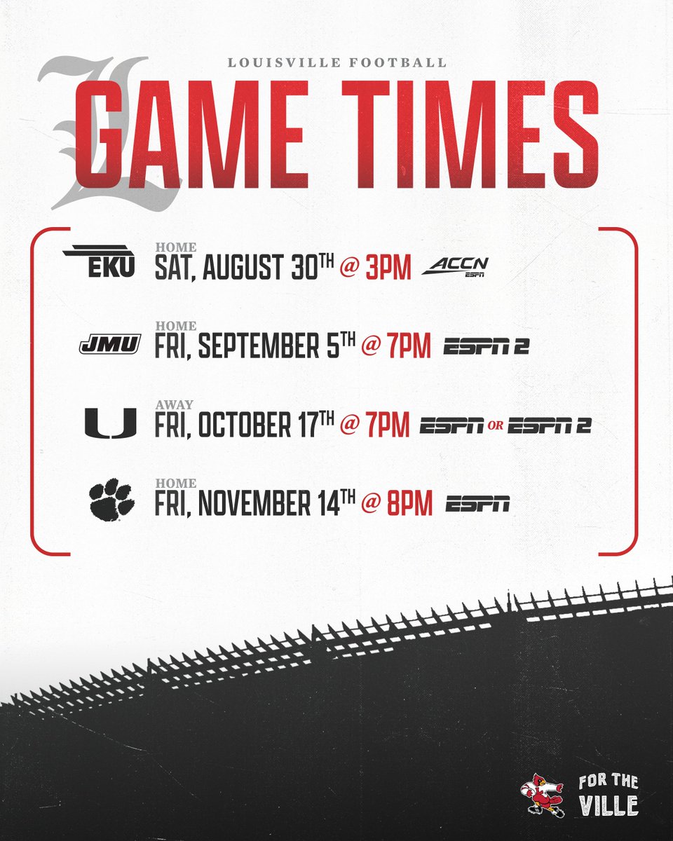 Getting closer &amp; closer ... ⏳

Kickoff times &amp; TV for FOUR matchups are set!

Details: uofl.me/4ksmu9K

#GoCards