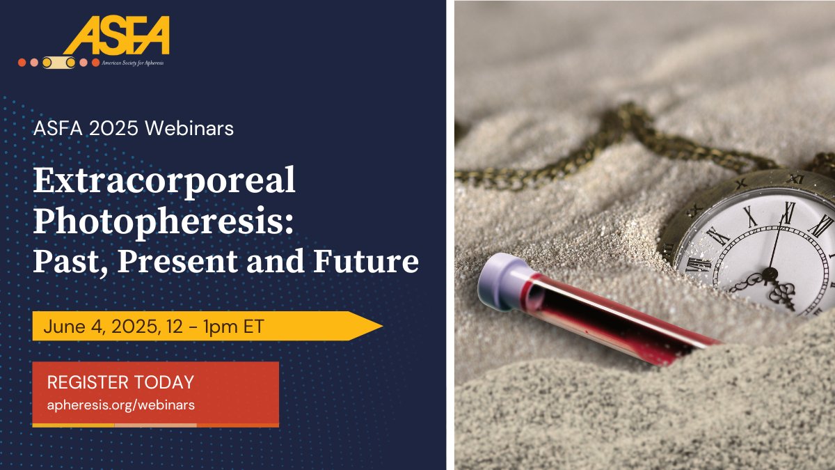 Don’t miss next Wednesday’s webinar with Dr. Jill Adamski on the history, current uses, and future of extracorporeal photopheresis (ECP)!

📅 Next Wednesday, June 4
⏰ 12–1 PM ET

🔗 Register now: ow.ly/9bxX50VY6eh

#ASFAwebinar #Photopheresis #ECP #ApheresisMedicine