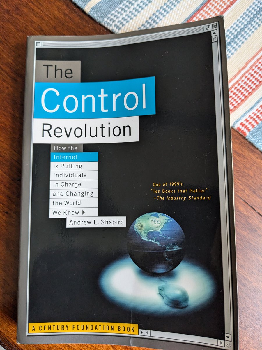blake_p's tweet photo. The Control Revolution by Andrew Shapiro (1999). Read this in grad school, and must admit I was naive. I described the chapter on 'Narrowing Our  Horizons" as  "unlikely." Boy, was I wrong!

Had been thinking about this book recently, and a revisit finds it startling prescient. https://t.co/017PMtOikY
