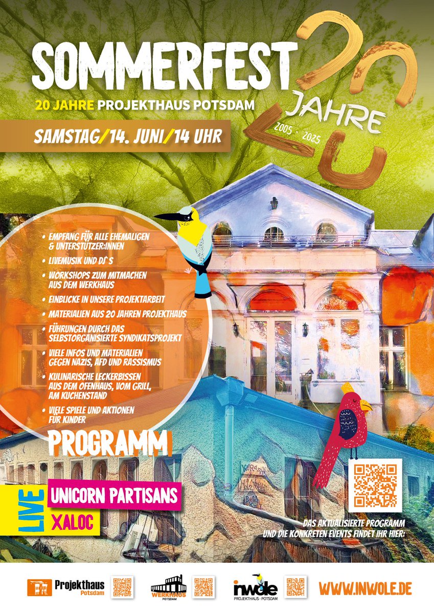 inwole's tweet photo. Das Projekthaus #Potsdam wird 20 Jahre alt.
Zeit zum Feiern.
Unbedingt vormerken: Samstag, den 14. Juni 2025 -
Sommerfest! https://t.co/KY3c1YH2mB