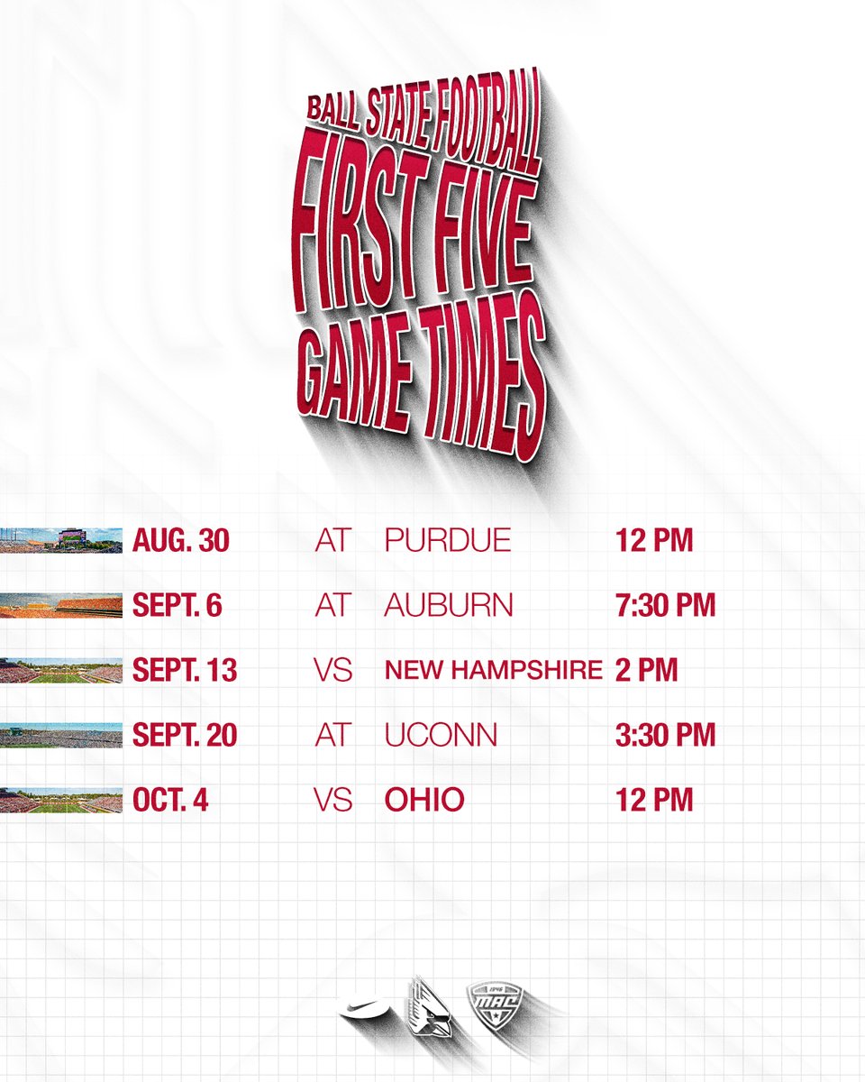 Ball State Football (@ballstatefb) on Twitter photo π Kickoff times announced for first five games!
π Open at Purdue, noon on Aug. 30.
π Home opener on Sept. 13 at 2pm vs. New Hampshire. ποΈ: tinyurl.com/r268fyxx
π°: STORY tinyurl.com/3fwzc26x
SEASON TIX for Season 1β£ with <a href="/CoachU_BSU/">Mike Uremovich πΊπΈ</a>!
tinyurl.com/2sr9u37a π Kickoff times announced for first five games!
π Open at Purdue, noon on Aug. 30.
π Home opener on Sept. 13 at 2pm vs. New Hampshire. ποΈ: tinyurl.com/r268fyxx
π°: STORY tinyurl.com/3fwzc26x
SEASON TIX for Season 1β£ with <a href="/CoachU_BSU/">Mike Uremovich πΊπΈ</a>!
tinyurl.com/2sr9u37a
