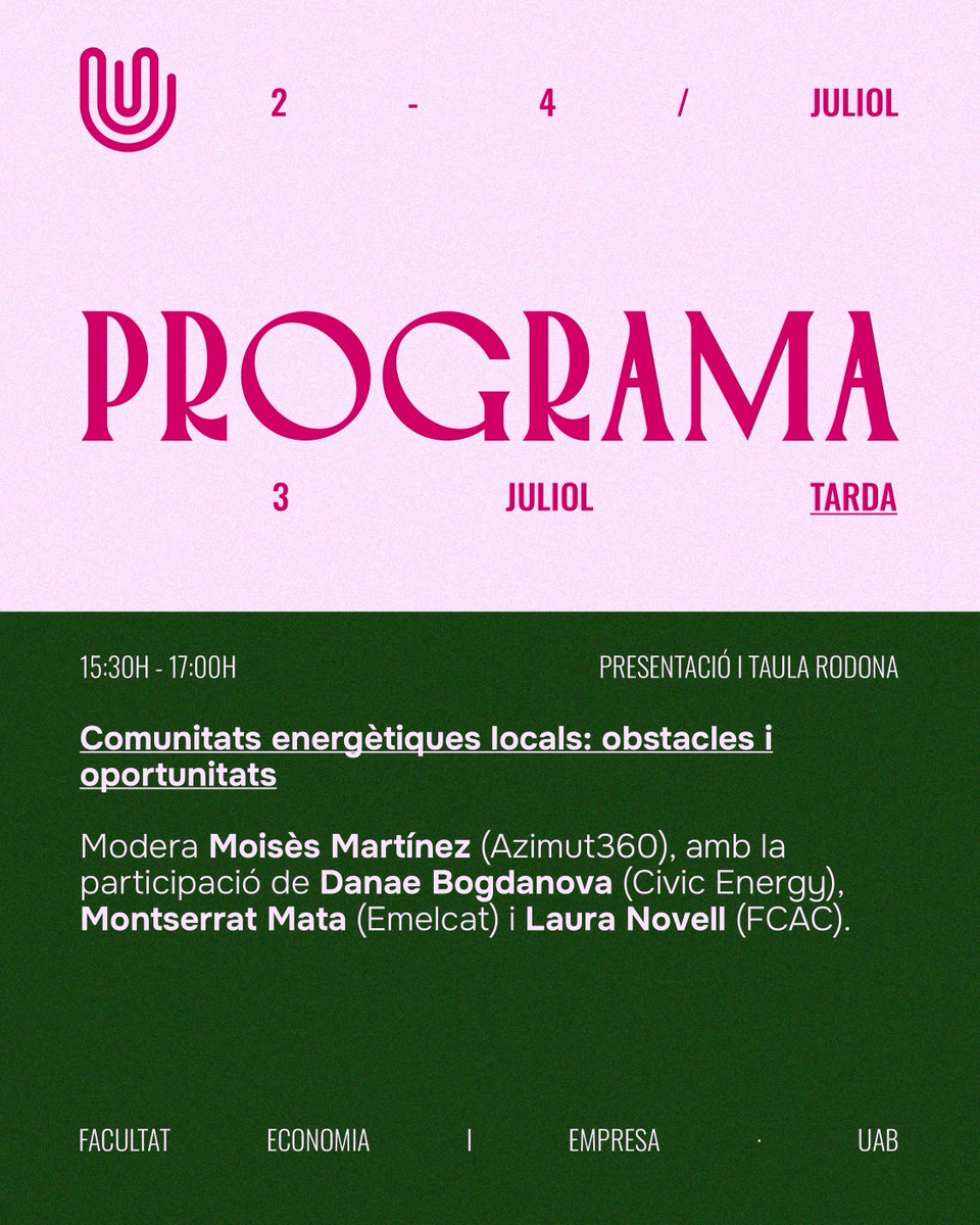 CooperativesCAT's tweet photo. 📢 [SESSIÓ SIMULTÀNIA]
🕛 15:30 h - 17:00 h

👉 Comunitats energètiques locals: obstacles i oportunitats

👥 Modera Moisès Martínez (Azimut360), amb la participació de Danae Bogdanova (@Civic_Energy), Montserrat Mata (@EMELCATsccl) i Laura Novell (@coopagrariesCAT).

🎟️ Aconsegueix la teva entrada:
https://t.co/RmhGxlaPJj