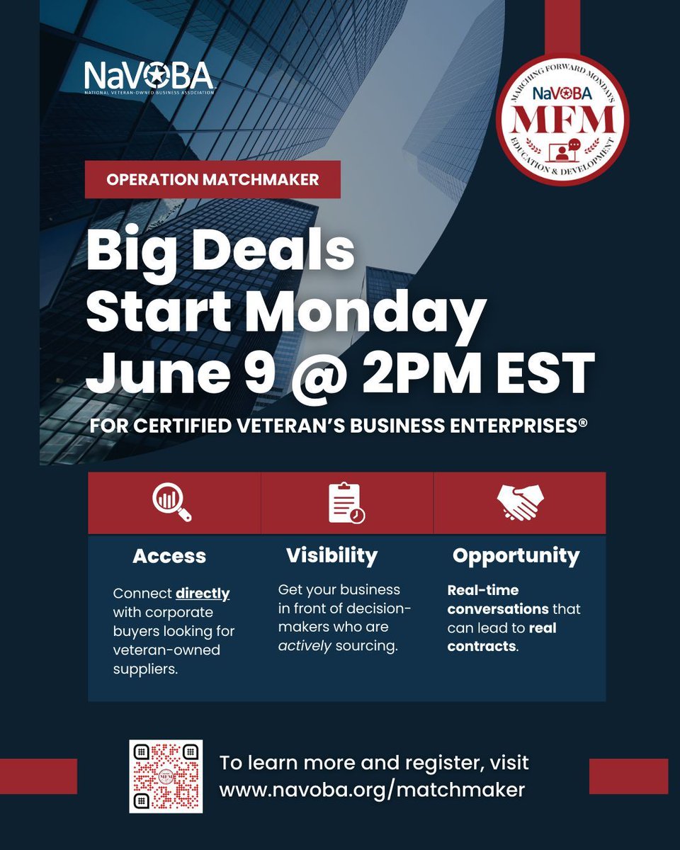 Contracts don’t happen by chance. Operation Matchmaker puts certified Veteran’s Business Enterprises® in the right rooms with the right people. 

 🚀 RSVP for June 9: navoba.org/matchmaker
 🔗 Need certification info? Visit: navoba.org/certification