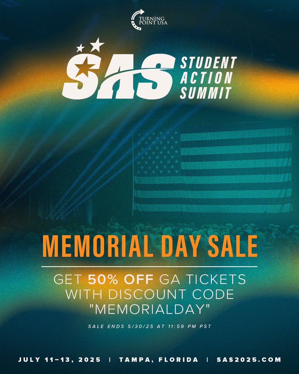 MarissaMahacek's tweet image. The Student Action Summit is this July 11-13 in Tampa, FL!🌊🏖️
Now through May 30th, get 50% off general admission Student Action Summit tickets with code ‘MEMORIALDAY’
Don’t miss the @TPUSA freedom party of the summer! Register today at SAS2025.com🇺🇸