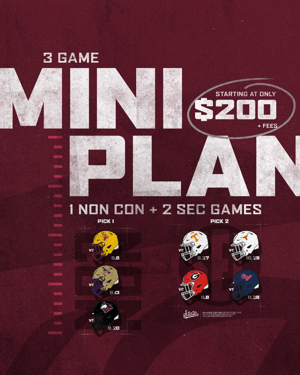 Mississippi State Athletics (@hailstate) on Twitter photo Can’t make every home game? Pick three and pack Davis Wade this fall—mini plans starting at $200!
🎟️ » hailst.at/25MiniPlan
#HailState🐶 x <a href="/HailStateFB/">Mississippi State Football</a> Can’t make every home game? Pick three and pack Davis Wade this fall—mini plans starting at $200!
🎟️ » hailst.at/25MiniPlan
#HailState🐶 x <a href="/HailStateFB/">Mississippi State Football</a>
