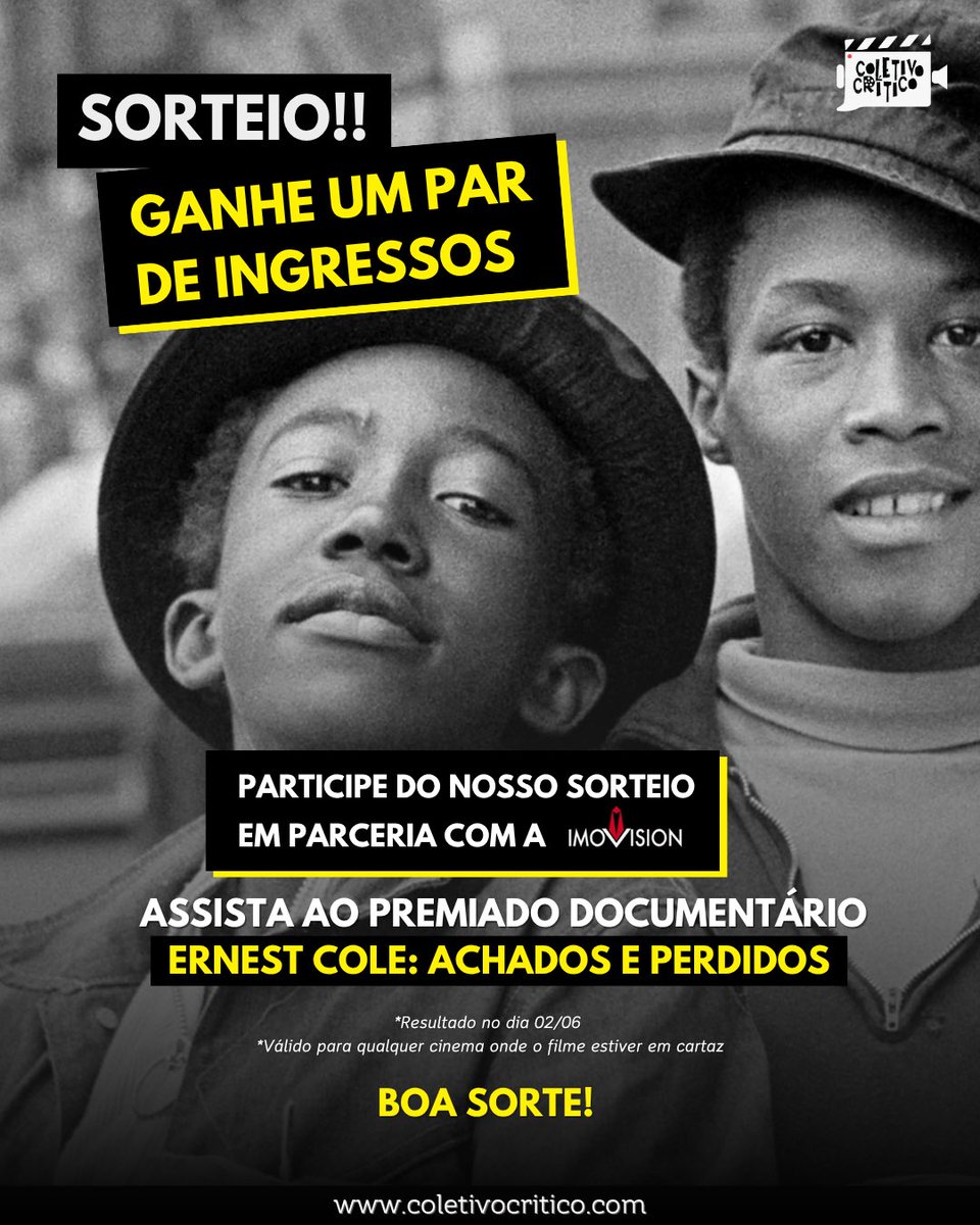 🚨 SORTEIO: Temos 2 pares de ingressos para sortear para sessões de  Ernest Cole: Achados e Perdidos em parceria com a <a href="/imovision/">Imovision</a> 

VEM 👇🏻🔈

instagram.com/p/DKPfnqeODat/…
