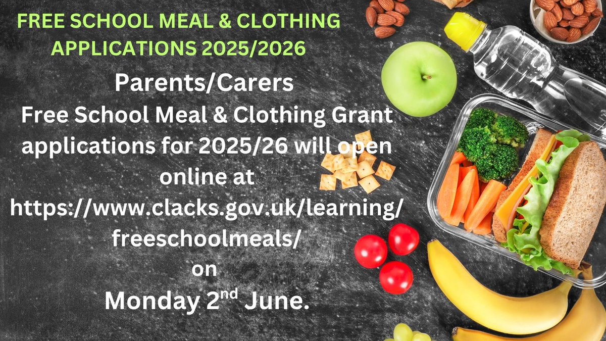 Clackmannanshire Council People Directorate (@clackseducation) on Twitter photo π£Parents/Carers
ππππππΏππ₯ͺ
Our Free School Meal & Clothing Grant applications will open online on Monday 2nd June.
Please click on the link below
ππΌ
clacks.gov.uk/learning/freesβ¦πππ°πππ
<a href="/ClacksCouncil/">Clackmannanshire Council</a> π£Parents/Carers
ππππππΏππ₯ͺ
Our Free School Meal & Clothing Grant applications will open online on Monday 2nd June.
Please click on the link below
ππΌ
clacks.gov.uk/learning/freesβ¦πππ°πππ
<a href="/ClacksCouncil/">Clackmannanshire Council</a>