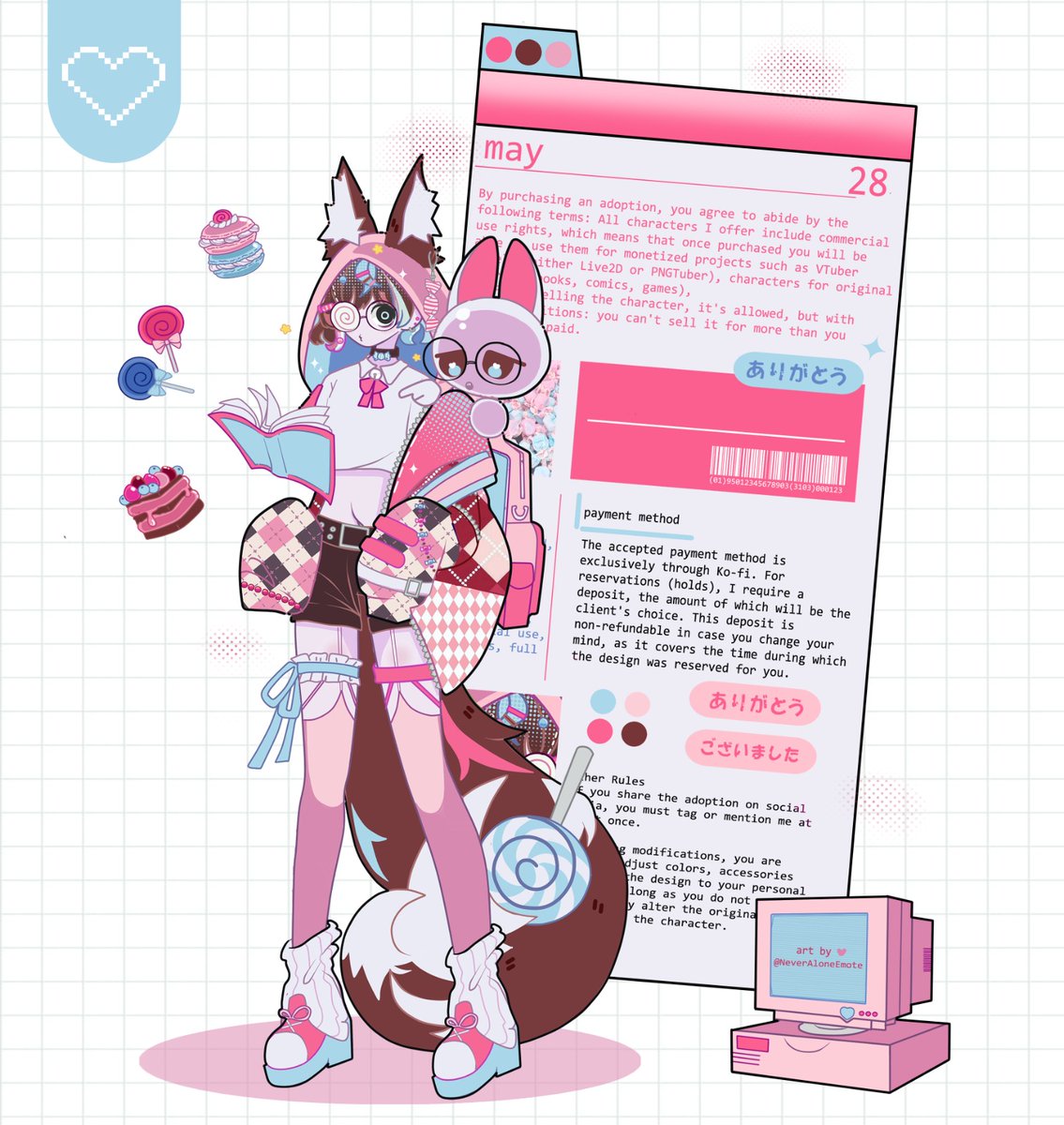 Character Designs ADOPT!~ 
—⁺˖°ʚ ᰔ ɞ°⁺˖—

[Claim she for 110$]

Includes:
🍬Comercial use!
🍰  Background
🍭Stickers
🤓Fullbody
┈┈・୨ ✦ ୧・┈┈

Claim below! [KO FI]

┈┈・୨ ✦ ୧・┈┈
#ENVtuber #adoptable #Vtuber
