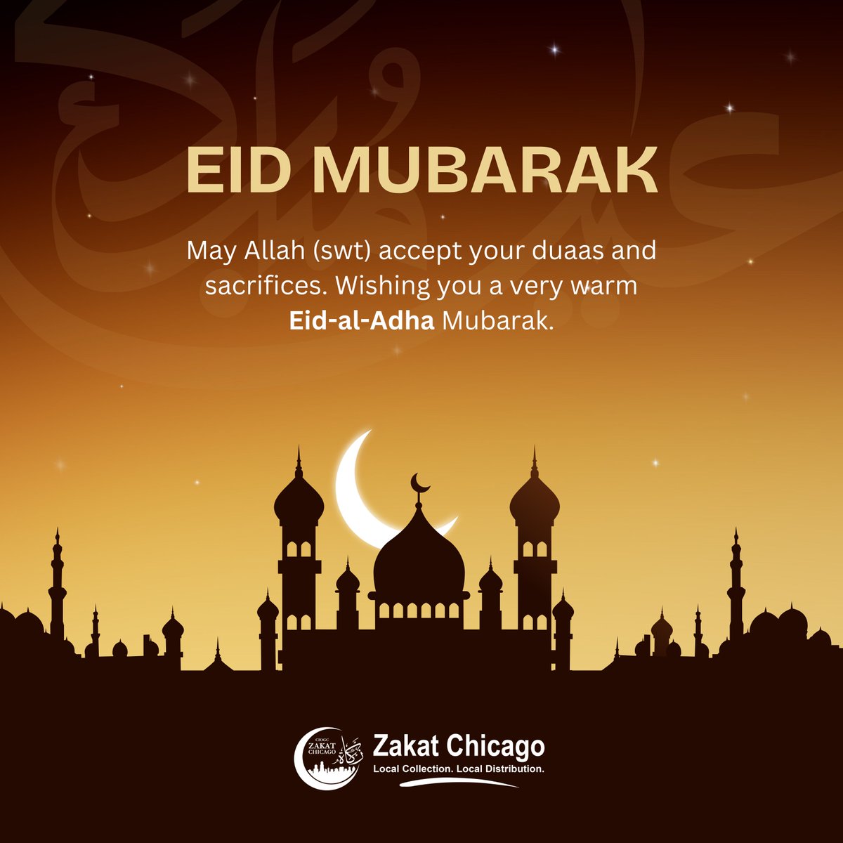 Eid Mubarak from all of us at Zakat Chicago! 🌙✨

Thank you for being part of a community that uplifts others through Zakat and Sadaqah.

#DhulHijjah #10BlessedDays #GiveLocal #EidAlAdha #Qurbani2025 #ZakatChicago #Zakat #Charity #ChicagoMuslims