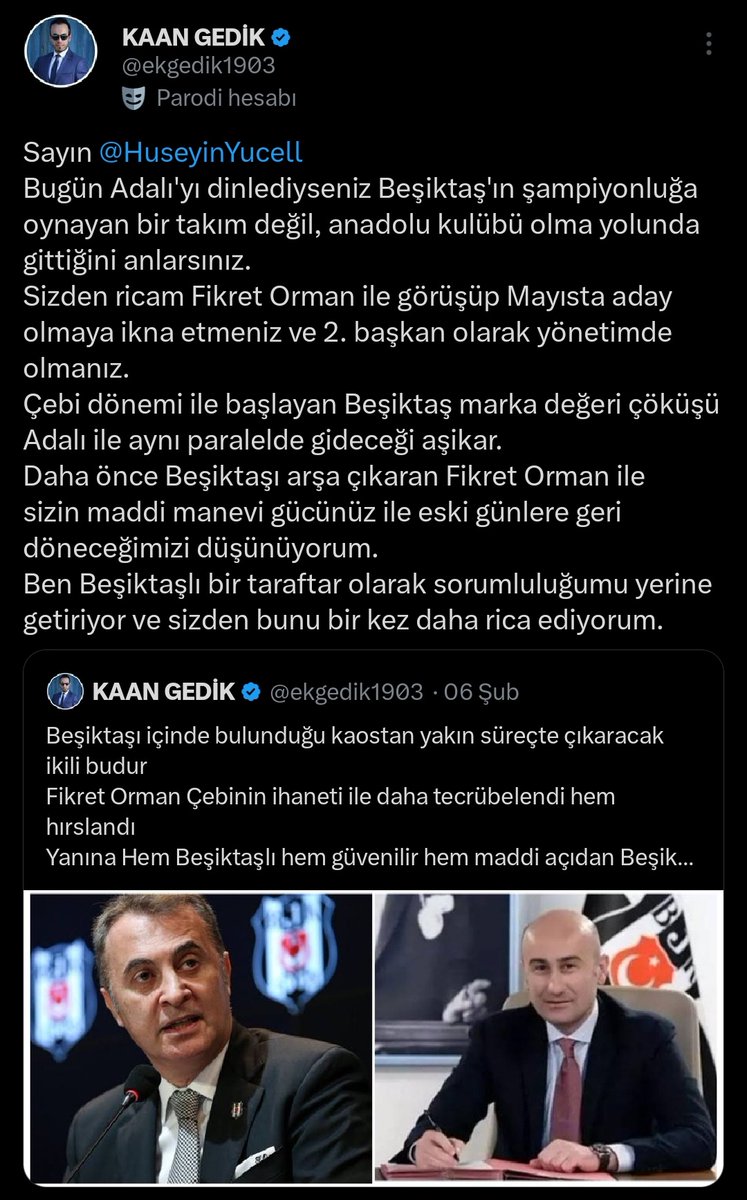 Seçim öncesi Hüseyin Yücel'e çağrıda bulunmuştum. Fikret Orman ile aday olun diye defalarca yazmıştım. 
Geçmişten birileri aday olacaksa, Adalı / Çebi tayfası olacağına Fikret Orman Hüseyin Yücel aday olsun. Çebi zihniyetinin karşısında olan herkese okeyim.
