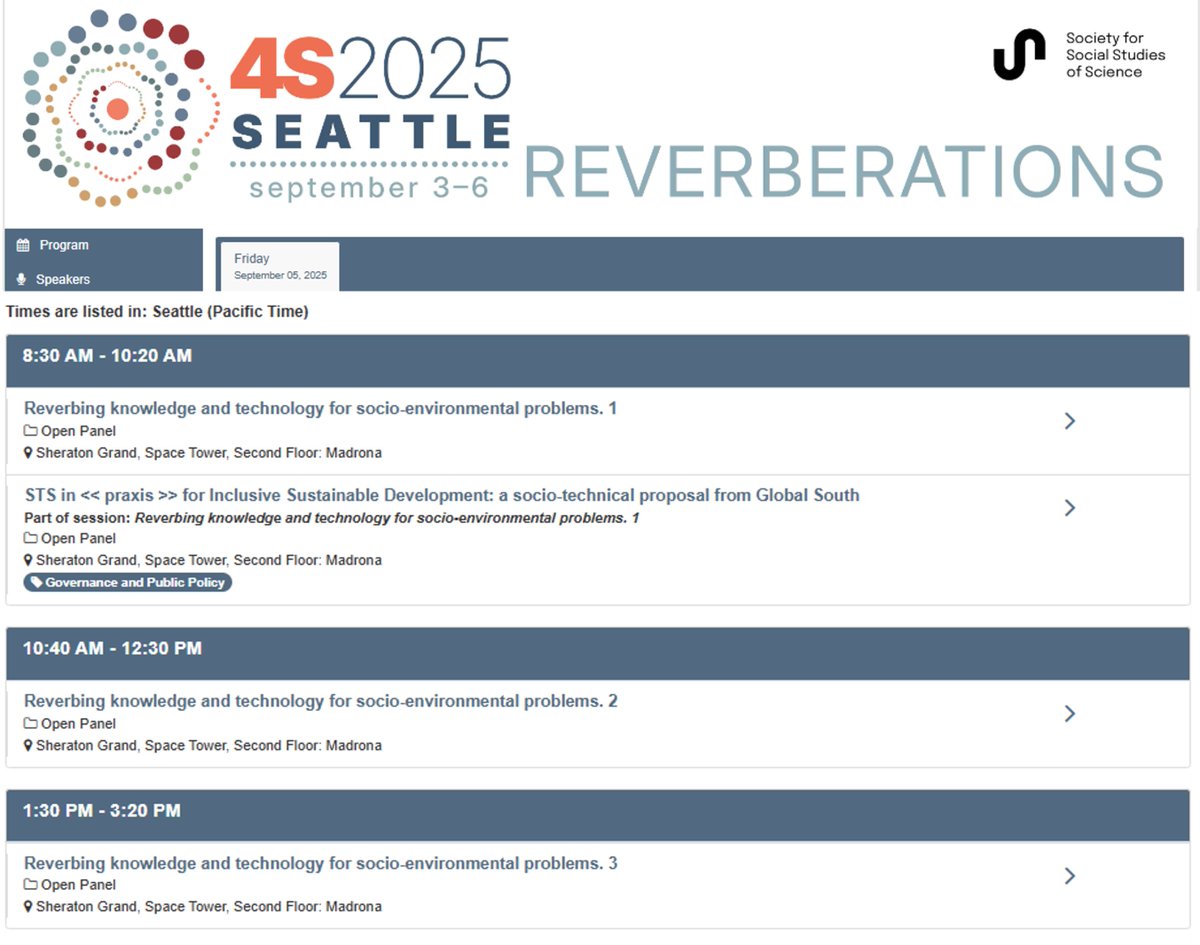 [EVENTO]
#4S2025Conference Reverberations 
Open Panel "Reverbing knowledge and technology for socio-environmental problems. Critical approaches and praxis for pluralizing inclusive and sustainable development" 

🚩Friday, September 5, 2025

#Program here: 
xcdsystem.com/4sonline/progr…