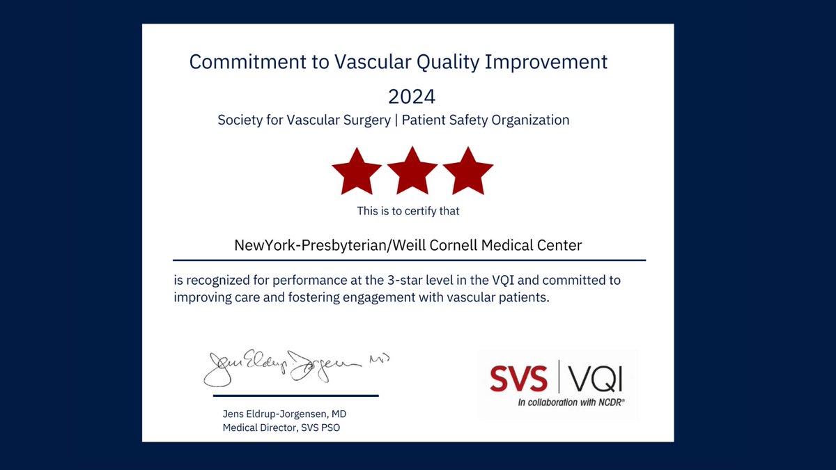 WCMSurgery's tweet image. 🏅 Three-Star Recognition! ⭐⭐⭐ Proud to announce our Division of Vascular and Endovascular Surgery at NewYork-Presbyterian @WCMSURGERY Weill Cornell @WEILLCORNELL @NYPHOSPITAL earned 3 stars from the Society for Vascular Surgery! Learn more: weillcornell.org/services/vascu…