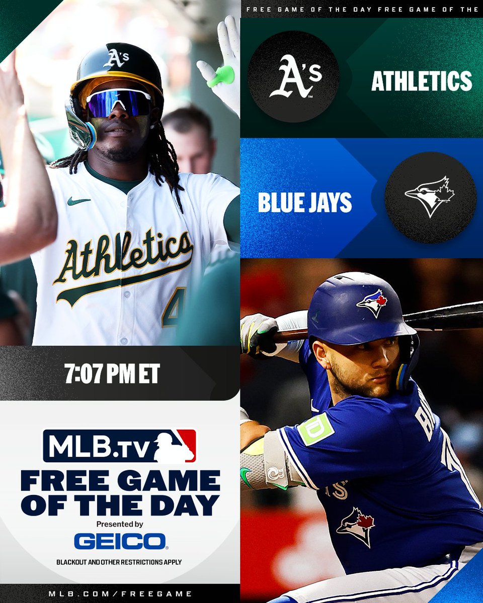 Lawrence Butler and the <a href="/Athletics/">Athletics</a> travel to Toronto to take on Bo Bichette and the <a href="/BlueJays/">Toronto Blue Jays</a>.

Watch for FREE at 7:07 PM ET on #MLBTV

(MLB x GEICO)
