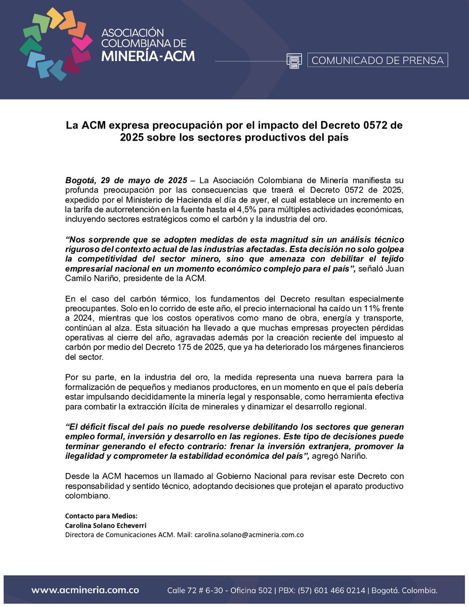 En un país que necesita con urgencia más empleo, inversión y desarrollo en las regiones, sorprende que se adopten decisiones como el aumento en las tarifas de autorretención, contemplado en el Decreto 0572.

Medidas de esta magnitud exigen un análisis técnico serio y profundo del