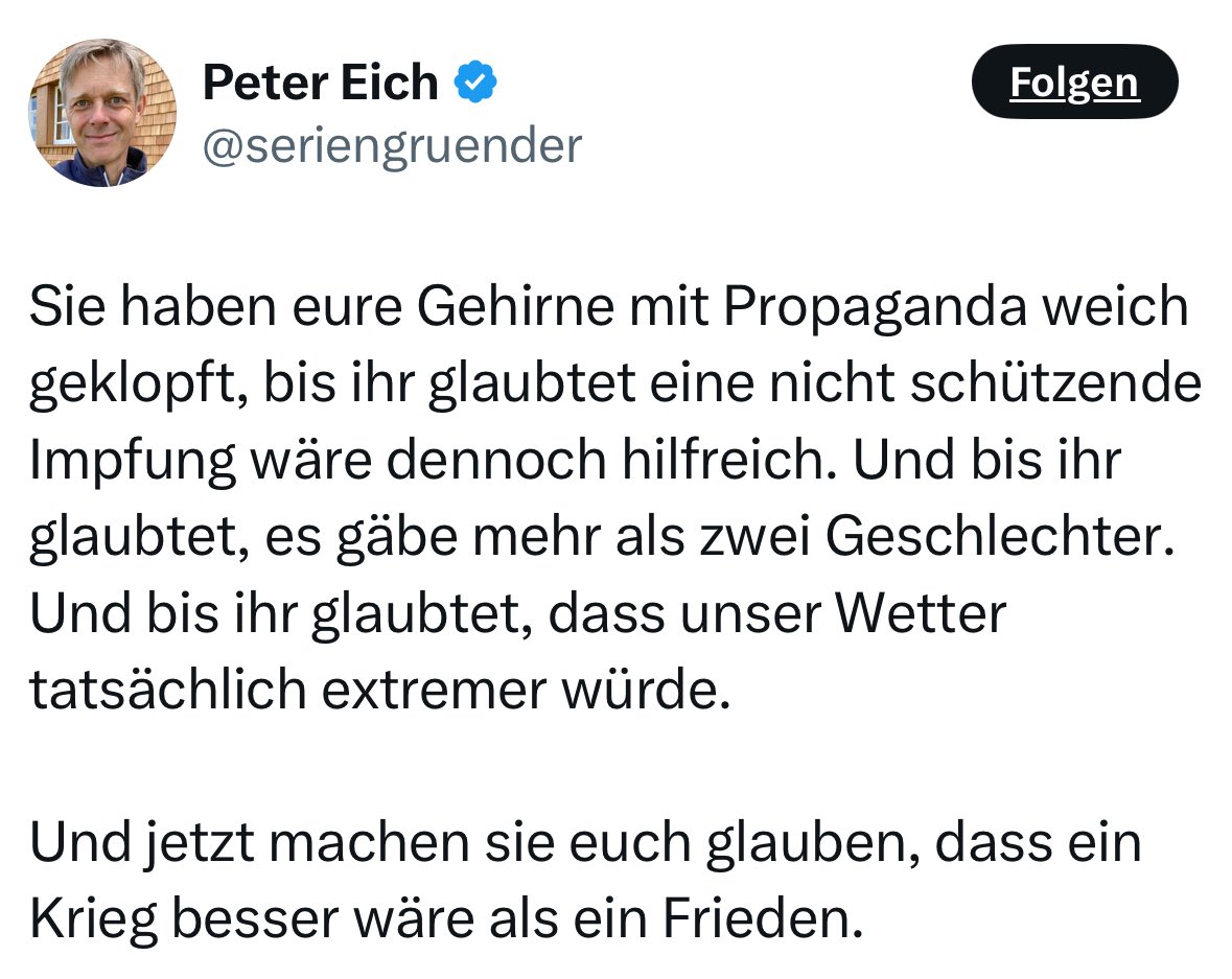 Millionen Tote und unzählige Langzeitgeschädigte durch Corona, sehr hoher Impfnutzen…

Russland hat die Ukraine angegriffen, nur so ist der Krieg entstanden und droht fortlaufend weiter…

Das ist rechten #Querdenken-Spacken egal. 

Ich wünschte, sie hielten die Fresse.