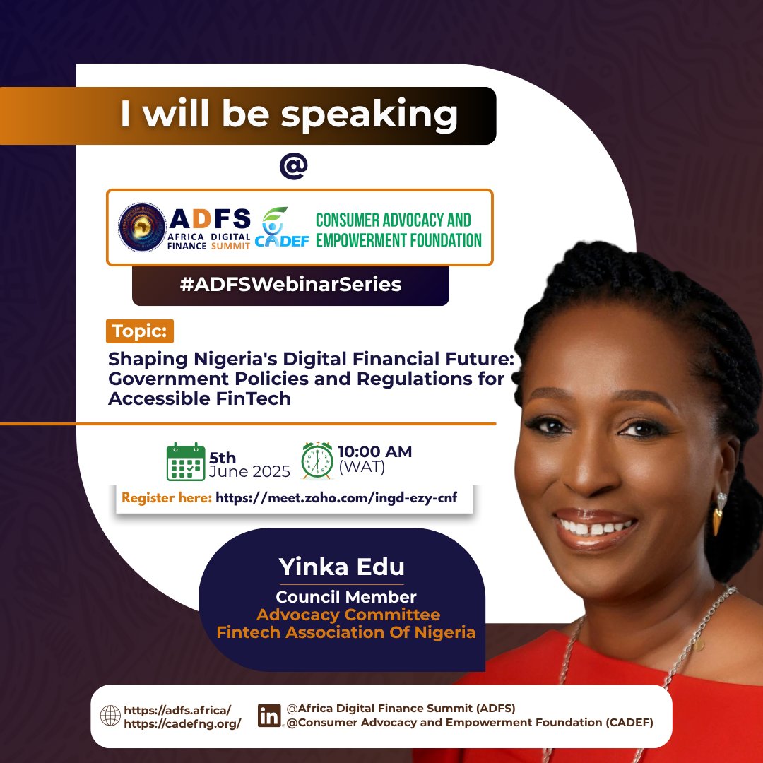 cadef_ng's tweet image. Innovation alone won’t drive Africa’s #digitalfinance future.
Trust, regulation &amp;amp; inclusive systems must lead the way.

Join us Thurs, June 5, as Yinka Edu unpacks how policy &amp;amp; governance can unlock fintech for all.

Register now: meet.zoho.com/ingd-ezy-cnf
#ADFS #FintechGrowth