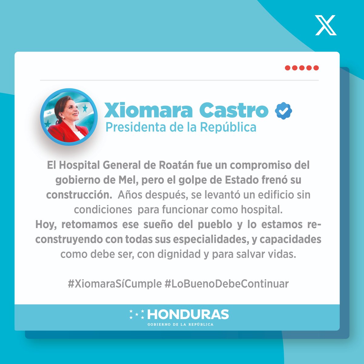 Lo que el golpe de Estado de 2009 frenó, hoy lo reconstruimos con dignidad y compromiso: el hospital que Roatán merece. 🏥

#XiomaraSíCumple