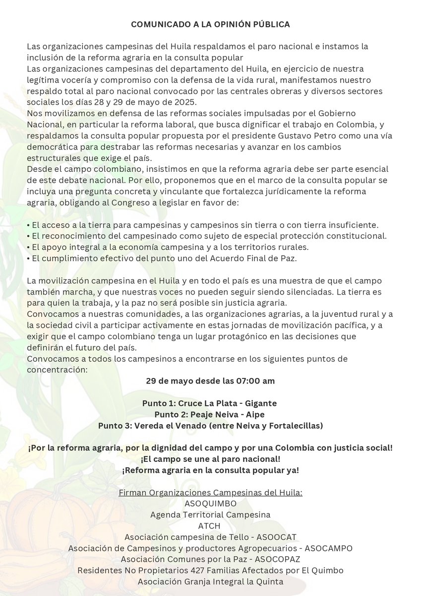 Asoquimbo (@asoquimbo) on Twitter photo En el Huila los campesinos-as nos movilizamos para respaldar la #ReformaAgraria y la #ConsultaPopular como vía democrática de respaldo a las reformas y cambios estructurales que necesita este país.
<a href="/MinAgricultura/">Min. de Agricultura</a> <a href="/AgenciaTierras/">Agencia Nacional de Tierras</a> <a href="/petrogustavo/">Gustavo Petro</a> <a href="/harmanfelipe/">Harman Felipe</a> <a href="/MCarvajalinoV/">Martha Carvajalino</a> En el Huila los campesinos-as nos movilizamos para respaldar la #ReformaAgraria y la #ConsultaPopular como vía democrática de respaldo a las reformas y cambios estructurales que necesita este país.
<a href="/MinAgricultura/">Min. de Agricultura</a> <a href="/AgenciaTierras/">Agencia Nacional de Tierras</a> <a href="/petrogustavo/">Gustavo Petro</a> <a href="/harmanfelipe/">Harman Felipe</a> <a href="/MCarvajalinoV/">Martha Carvajalino</a>