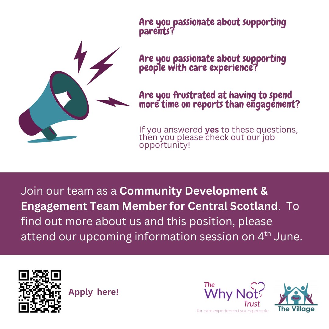 There's still time to apply!  We're hiring a Community Development &amp; Engagement Team Member (Central Scotland, home-based with travel).
£28.5k annual salary | Apply by 11 June
Online Info session: 4 June, 4–4:30pm
Apply: forms.office.com/e/YiyANjJRxn
More info: whynottrust.org/about-us/vacan…