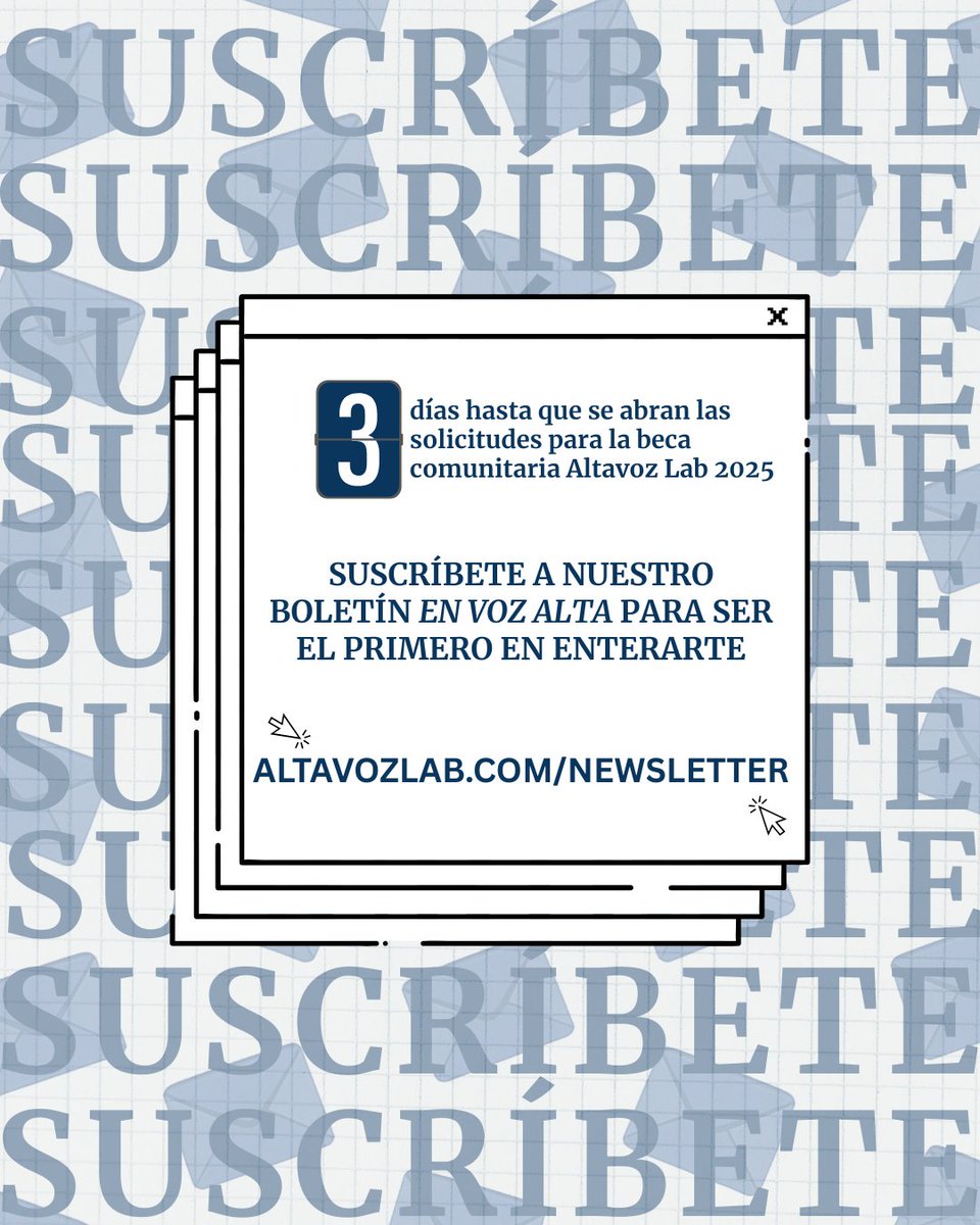 🚨Solo 3 días hasta que se abran la beca comunitaria Altavoz Lab 2025!
🔗 Suscríbete en altavozlab.com/newsletter/ para aprender más
