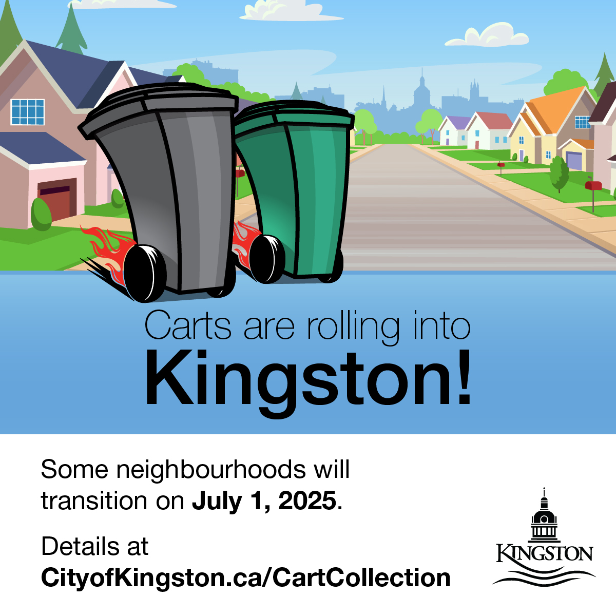 cityofkingston's tweet photo. Garbage and organic carts are rolling into Kingston! 

Beginning July 1, some neighbourhoods in Kingston will be transitioning to an automated cart-based waste collection system. Carts are being distributed to those residences in the coming weeks. https://t.co/Ubl2QqnXXU