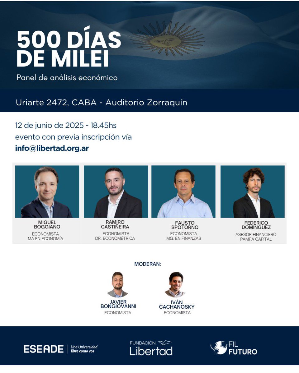 🇦🇷 500 días de Milei

💬 ¿Qué cambió? ¿Hacia dónde vamos? 

Estaremos realizando un panel de análisis económico el 12 de junio, a las 18:45hs, junto a los economistas <a href="/Miguel_Boggiano/">Miguel A Boggiano del 55,6%</a>, <a href="/rcas1/">Ramiro Castiñeira</a>, <a href="/fspotorno/">Fausto Spotorno</a> y <a href="/fededomin/">Federico Dominguez</a>, y la moderación de <a href="/javibongiovanni/">javier bongiovanni</a> e Iván Cachanosky. 

📲