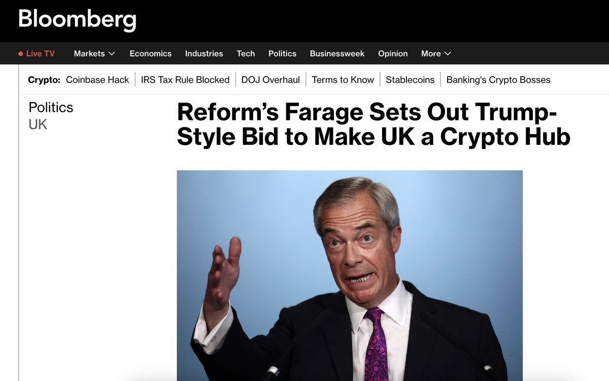 coinbureau's tweet image. 🚨BREAKING: Farage Vows to Make UK a Crypto Powerhouse! 🇬🇧

In a Trump-style pitch in Las Vegas, the Reform UK leader bets on crypto to woo young voters. 

He vows to cut crypto CGT to 10%, launch a 2-year sandbox, and outlaw discrimination against crypto payments.🔥