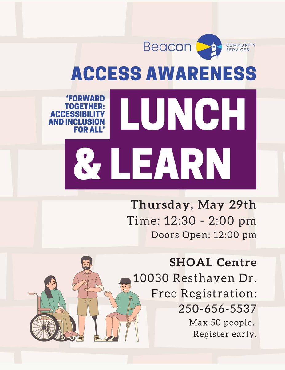 TODAY: Access Awareness Lunch &amp; Learn about 'Accessibility and Inclusion for All!' 

🗓️ Thurs, May 29  |  12:30 - 2 pm, doors open at 12 pm
📍 SHOAL Centre, 10030 Resthaven Drive

Registration is free! Call 250-656-5537.

#NationalAccessAbilityWeek #NorthSaanich