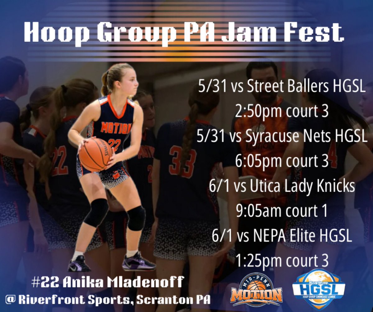 Anika Mladenoff (@anikamladenoff) on Twitter photo Me and my <a href="/Motion2027/">Mid-Penn Motion 2027 (HGSL & HGPL)</a> teammates head back to Scranton this upcoming weekend ‼️ Here is my schedule for the Hoop Group PA Jam Fest. <a href="/mid_penn_motion/">Mid-Penn Motion Basketball</a> <a href="/hgsl_girls/">Hoop Group Girls</a> Me and my <a href="/Motion2027/">Mid-Penn Motion 2027 (HGSL & HGPL)</a> teammates head back to Scranton this upcoming weekend ‼️ Here is my schedule for the Hoop Group PA Jam Fest. <a href="/mid_penn_motion/">Mid-Penn Motion Basketball</a> <a href="/hgsl_girls/">Hoop Group Girls</a>